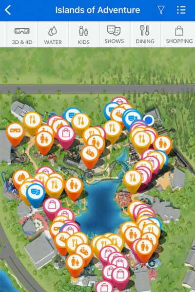 Map of Universal's Islands of Adventure in the Universal Orlando Resort App