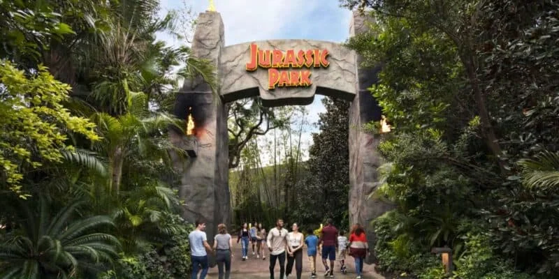 Pteranodon Flyers Closure Extended: What Families Should Do at Islands of Adventure 2 Guests walking through the Jurassic Park entrance at Universal Islands of Adventure