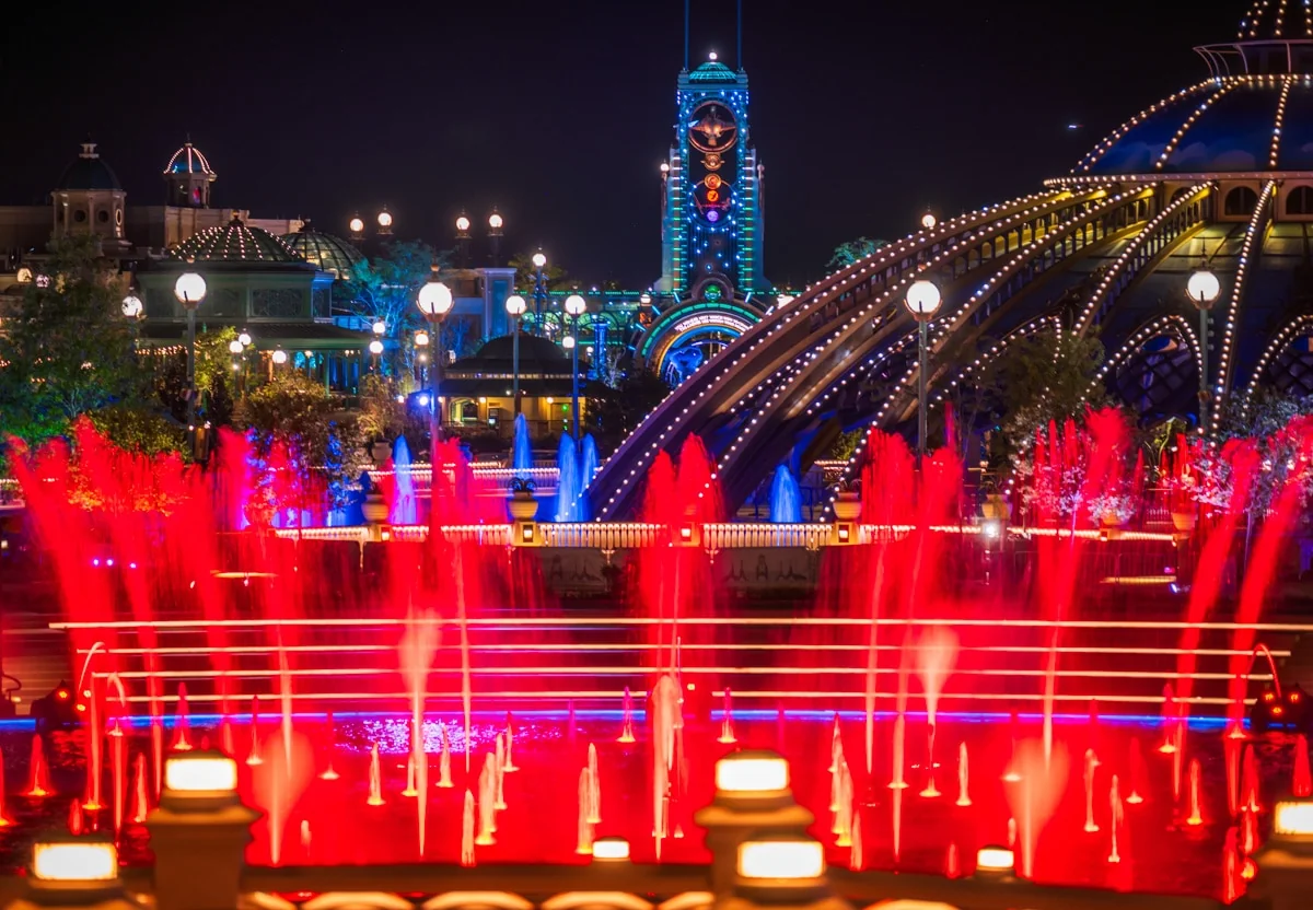 Universal Celestial Goodnight Testing Points to Epic Universe Fireworks Show 1 Celestial Park fountains lit up at night inside Epic Universe