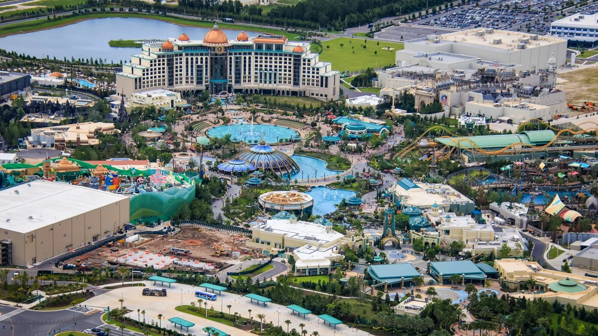 Universal Celestial Goodnight Testing Points to Epic Universe Fireworks Show 2 Aerial view of Universal Helios Grand Hotel and Celestial Park at Epic Universe