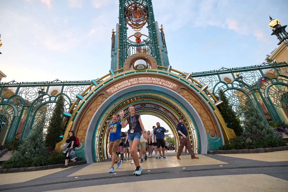 Universal Celestial Goodnight Starts July 7 at Epic Universe 5 Universal Epic Universe entrance and icons lit at night