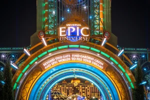 Epic Universe and Celestial Park illuminated at night