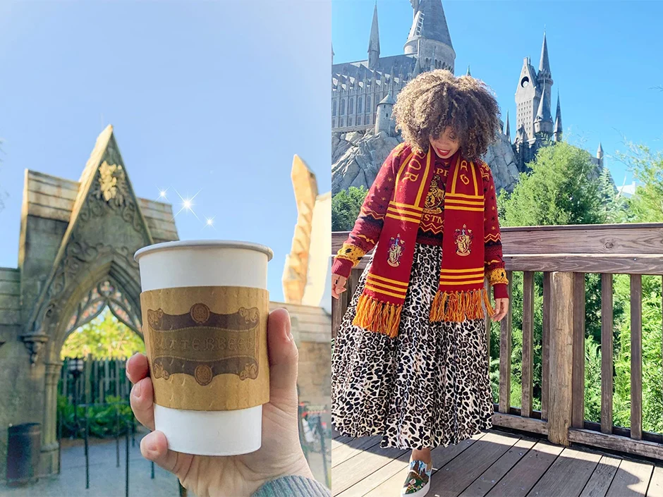 Universal Orlando Fall 2026 Guide: Events, Weather & Tips 2 Hot Butterbeer near Hogsmeade and a guest wearing a Gryffindor scarf