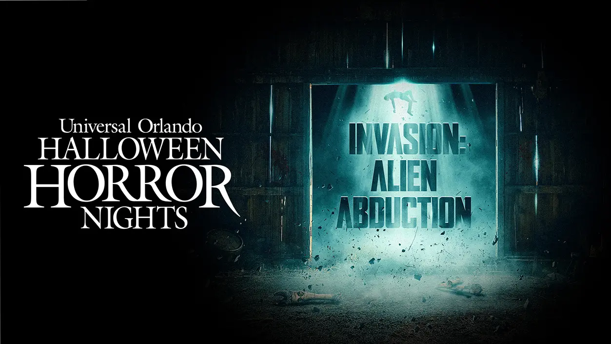HHN 35 Lineup: Evil Dead Burn Joins 9 Confirmed Houses 9 INVASION Alien Abduction haunted house key art for HHN 35