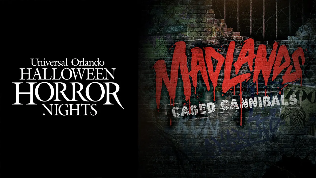 HHN 35 Lineup: Evil Dead Burn Joins 9 Confirmed Houses 7 MADLANDS Caged Cannibals haunted house key art for HHN 35