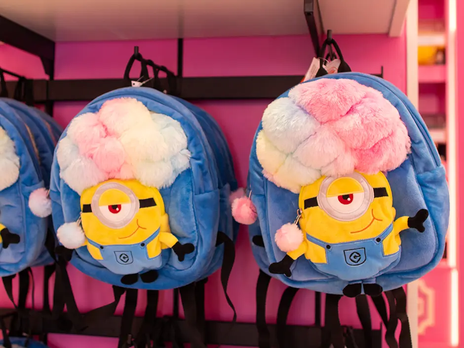 Best Minion Land Souvenirs at Universal Studios Florida 4 Minion-themed backpacks displayed for sale