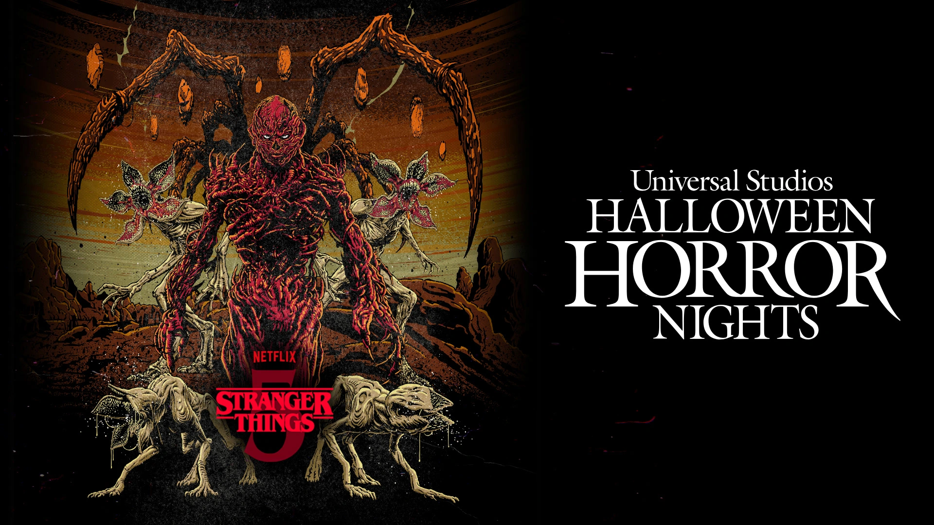 Stranger Things 5 HHN House Confirmed for 2026 1 Stranger Things 5 creatures beside the Halloween Horror Nights logo