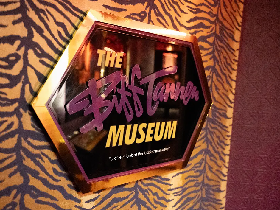 Great Movie Escape Secrets Connect Jurassic World and Back to the Future 5 Biff Tannen museum display in Back to the Future OUTATIME