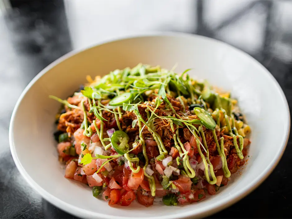 CityWalk Adds a Mac and Cheeseburger for Football Season 2 Chicken bowl topped with salsa, sliced jalapenos and sauces