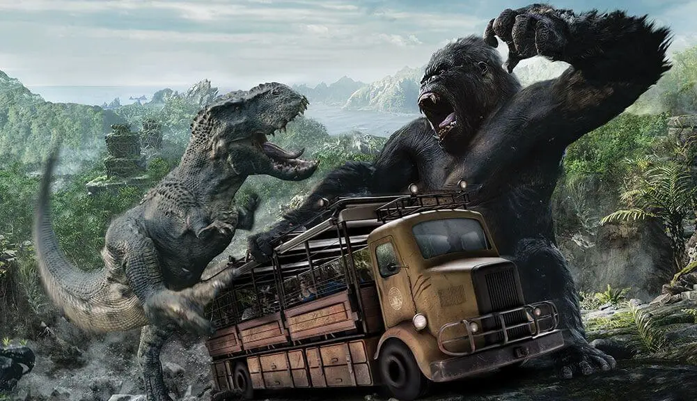 Skull Island: Reign of Kong Has Been Closed for Nearly Two Weeks—What We Know 2 Skull Island Reign of Kong expedition vehicle between King Kong and a dinosaur