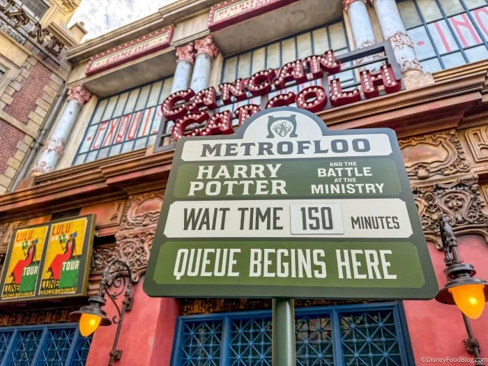 Epic Universe Crowds Ease, but Two Rides Still Need a Plan 4 A Battle at the Ministry sign displaying a 150-minute wait