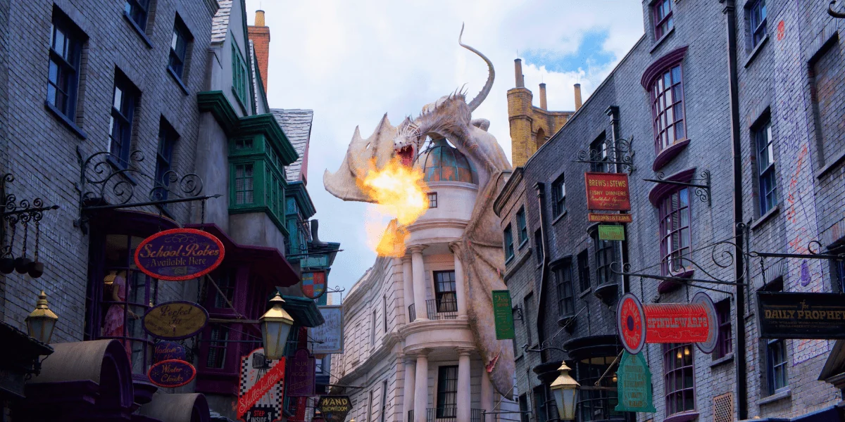 Universal Studios Florida Guide 1 Fire-breathing dragon above Gringotts Bank in Diagon Alley