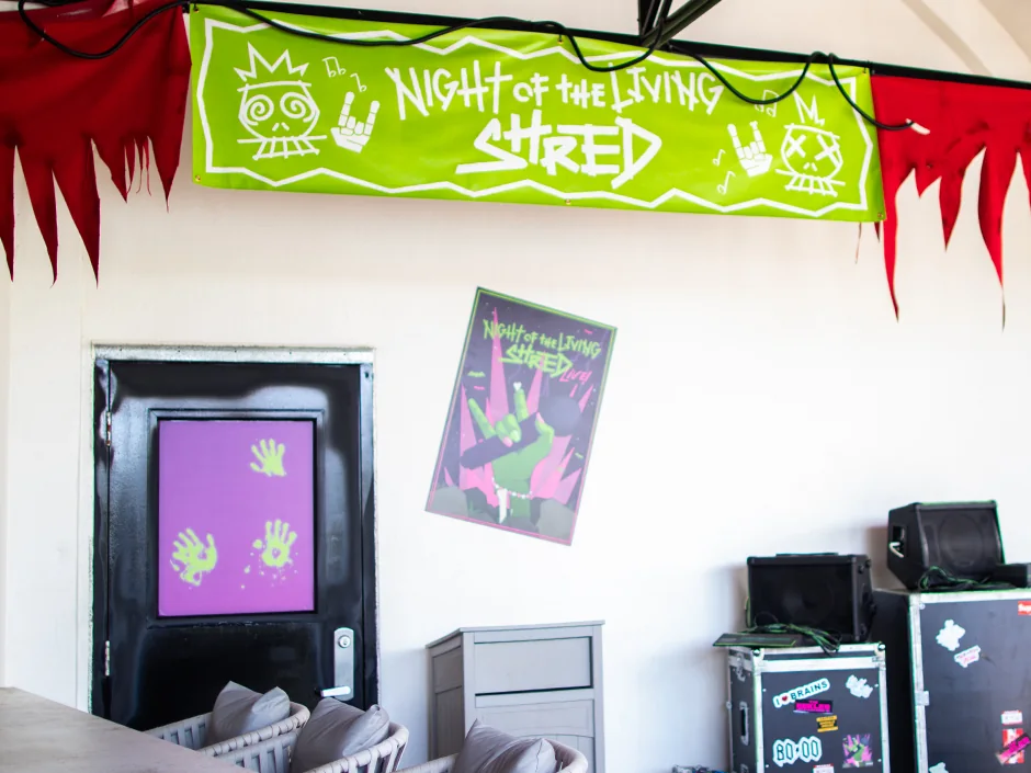 HHN 2026 Food, Shows and Merchandise: What to Prioritize 7 Night of the Living Shred banner and concert equipment at Hard Rock Hotel