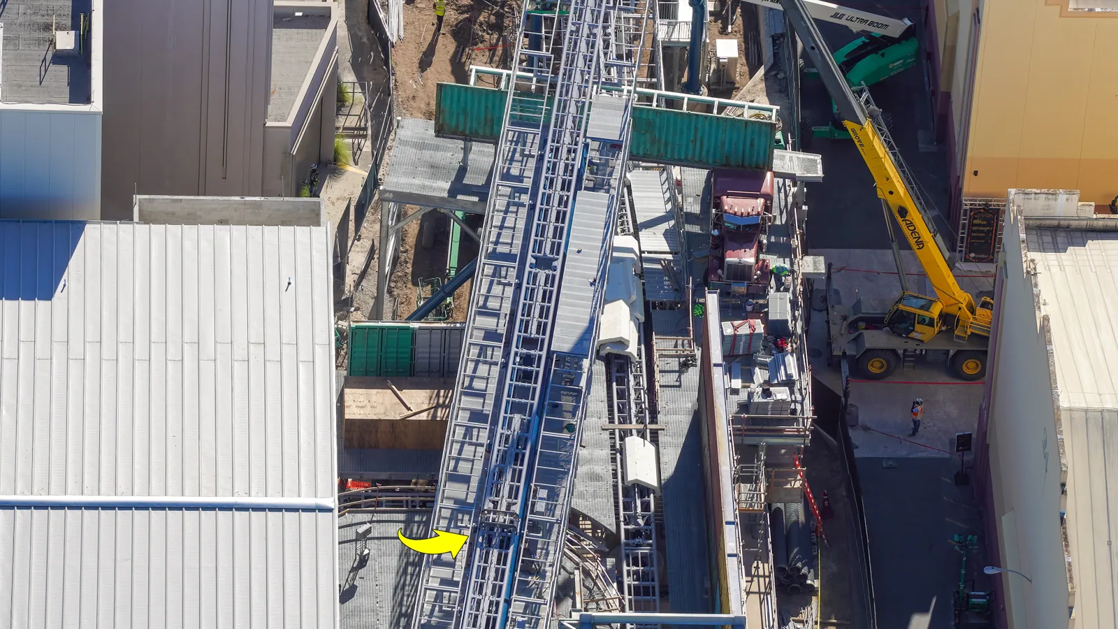 Hollywood Drift Construction Photos Show Station and Track Progress at Universal Studios Florida 1 Aerial view of track and brake run at the Hollywood Drift station