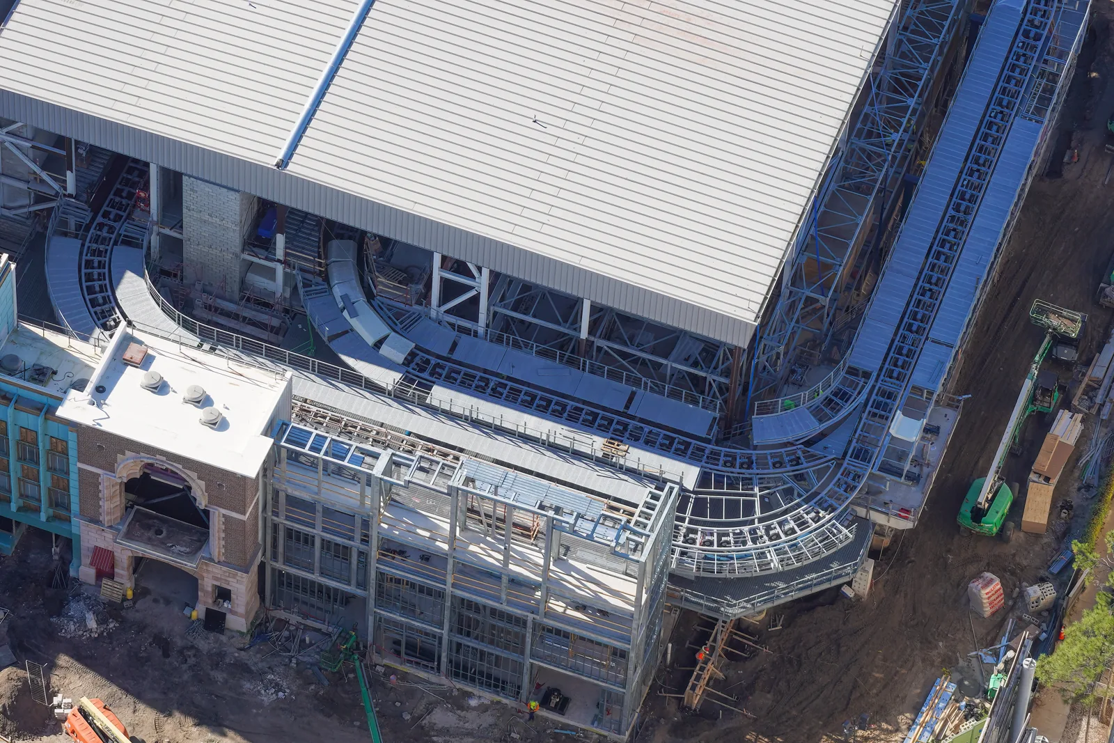 Hollywood Drift Construction Photos Show Station and Track Progress at Universal Studios Florida 2 Aerial view of the Hollywood Drift station and curved track