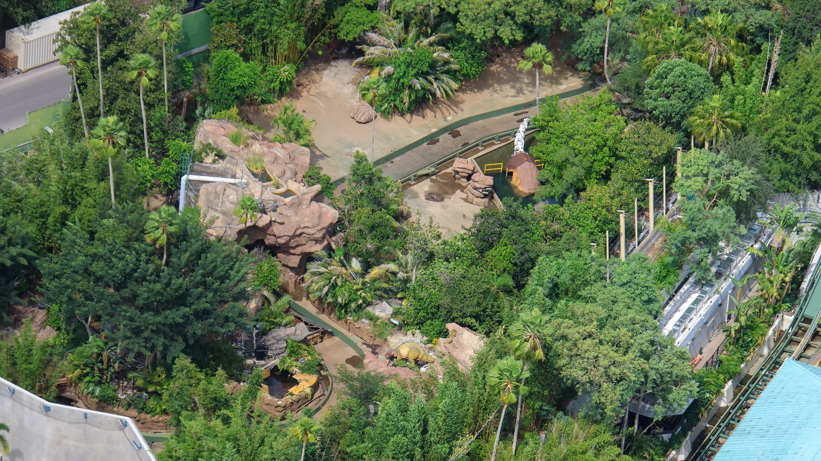 Jurassic Park River Adventure Photos Show Rebuilt Walls and Dinosaurs 4 Aerial overview of the landscaped River Adventure channel and dinosaur scene