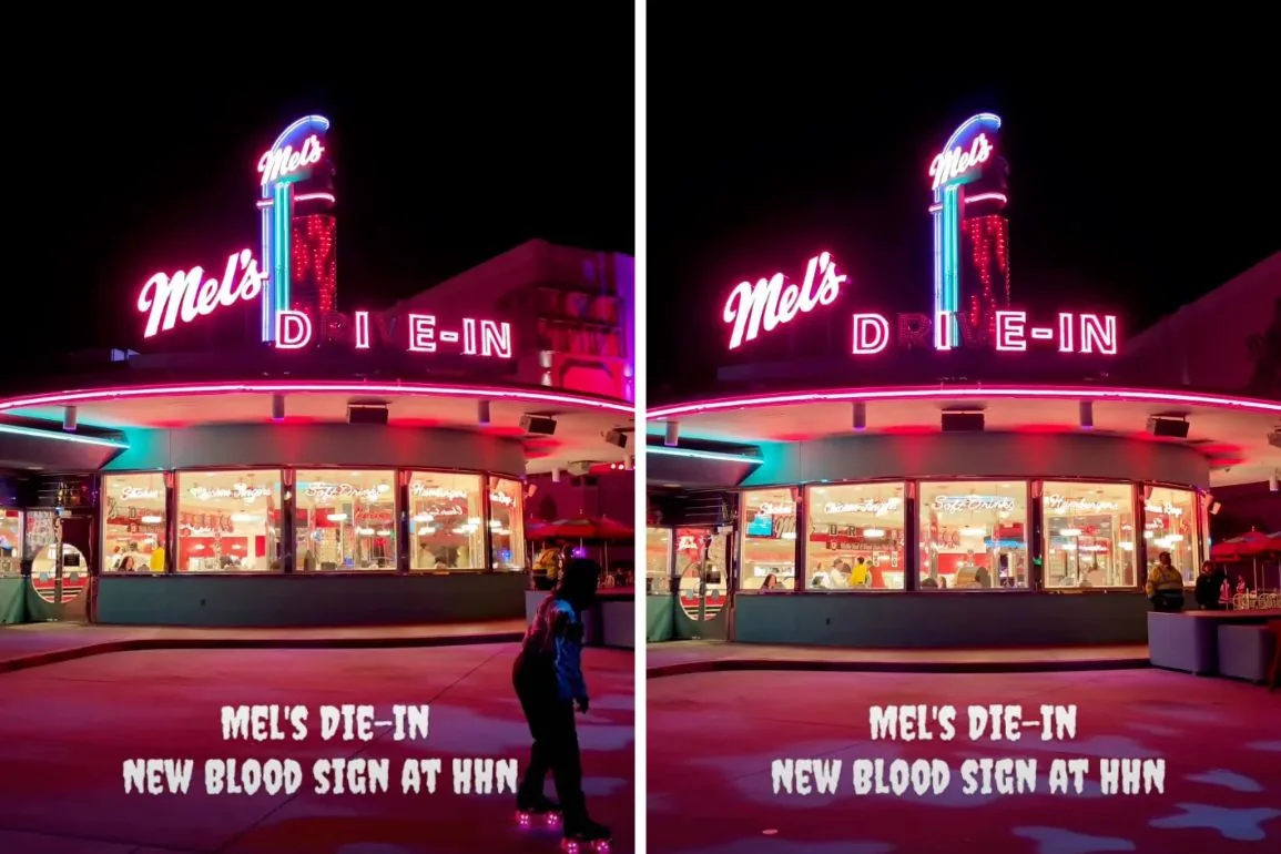 Mel’s Die-In Adds a Dripping Light Effect for Halloween Horror Nights 1 Two views of the illuminated Mel’s Die-In tower