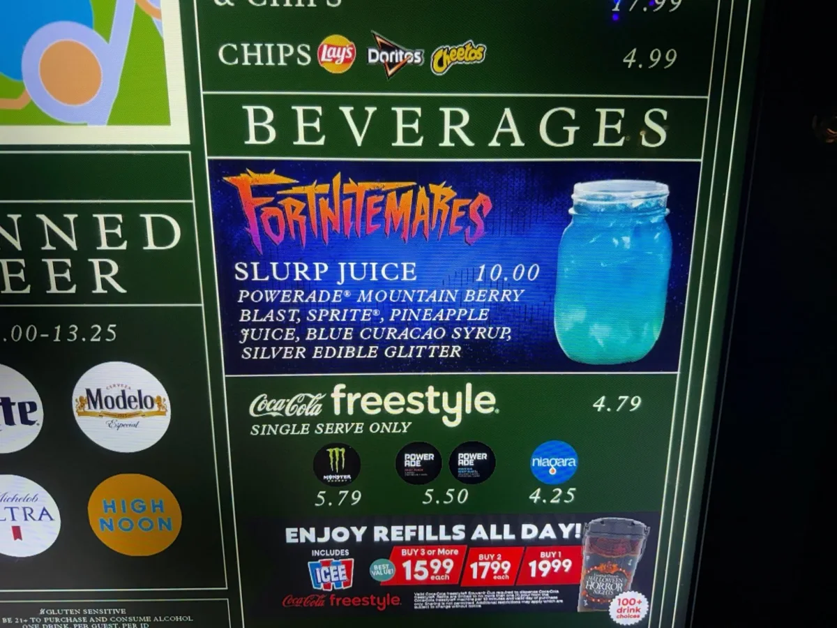 Fortnite's Slurp Juice Is Reported at HHN Orlando for $10 1 Menu displaying Slurp Juice for $10 with its ingredients