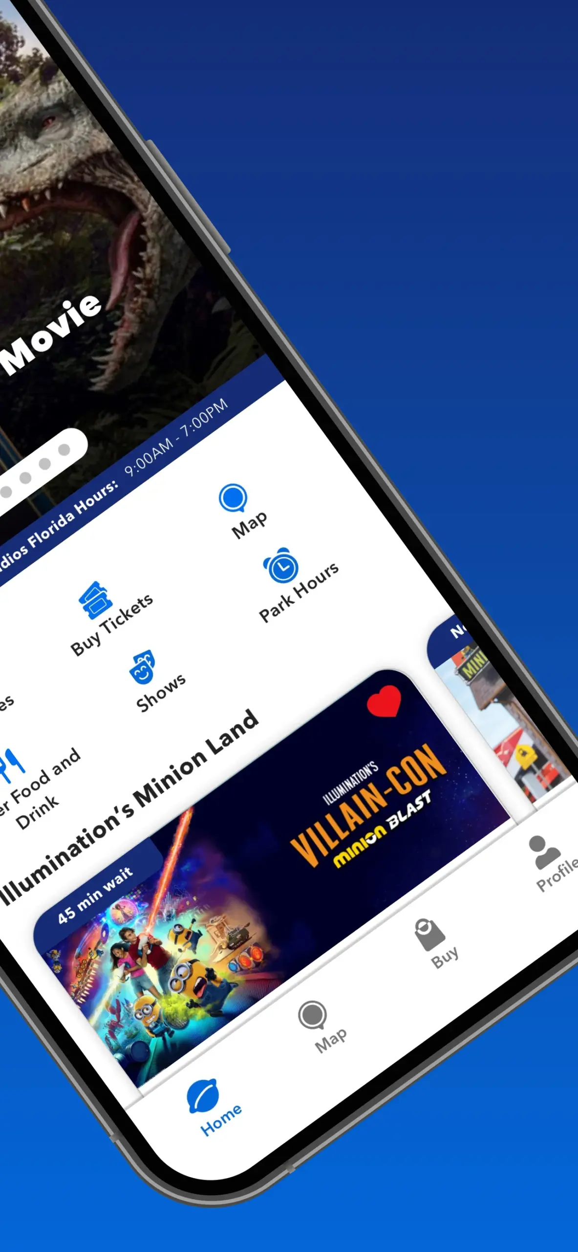 Toothless and Niffler Join Universal Orlando App Profile Icons 1 Angled phone showing the Universal Orlando app home screen